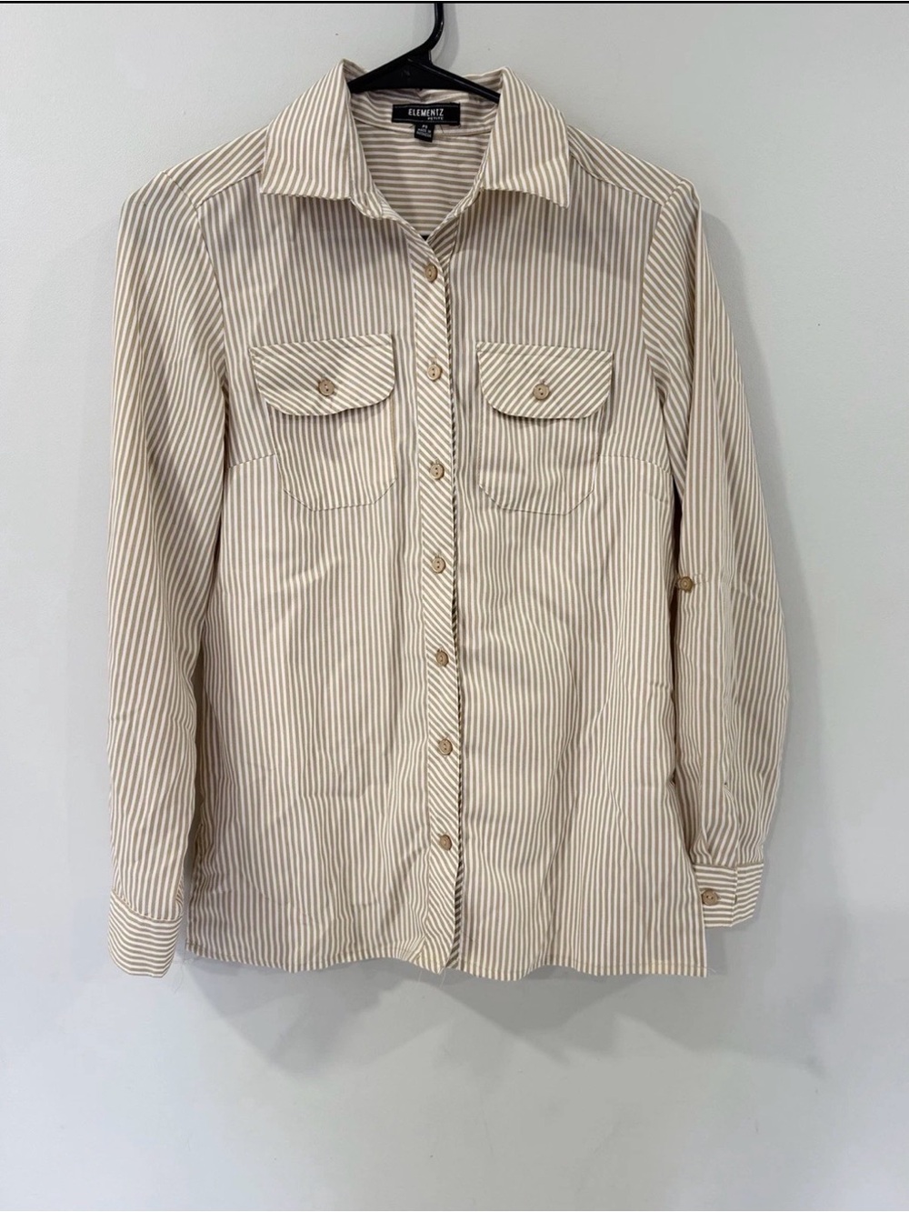 Elementz Beige and White Striped Casual Button-Down Shirt
